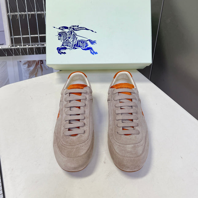 BURBERRY 26S LOW TOP SNEAKERS IN BEIGE AND ORANGE SUEDE