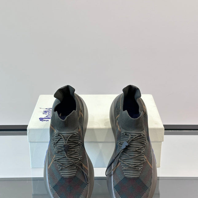 BURBERRY 26S CHECK KNIT SOCK SNEAKERS IN DARK OLIVE GREY FABRIC