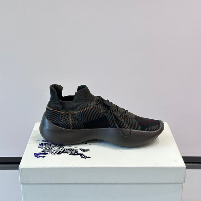 BURBERRY 26S CHECK KNIT SOCK SNEAKERS IN DARK OLIVE GREY FABRIC