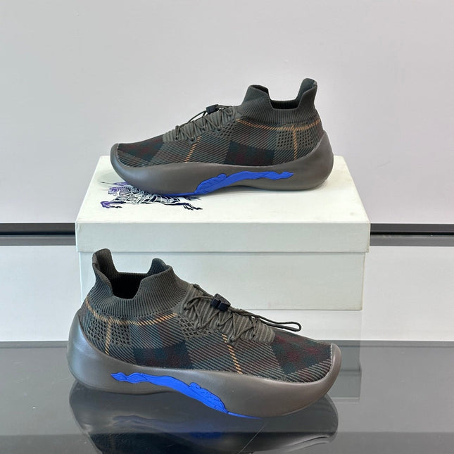 BURBERRY 26S CHECK KNIT SOCK SNEAKERS IN DARK OLIVE GREY FABRIC