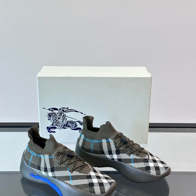 BURBERRY 26S CHECK KNIT SOCK SNEAKERS IN OLIVE GREEN FABRIC