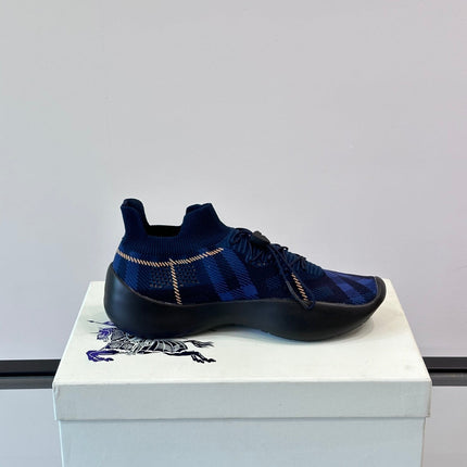 BURBERRY 26S CHECK KNIT SOCK SNEAKERS IN NAVY BLUE FABRIC