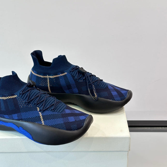 BURBERRY 26S CHECK KNIT SOCK SNEAKERS IN NAVY BLUE FABRIC