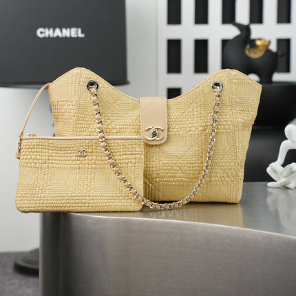 CHANEL 25S SHOULDER BAG 32 IN NATURAL RAFFIA AND CALFSKIN GOLD HARDWARE