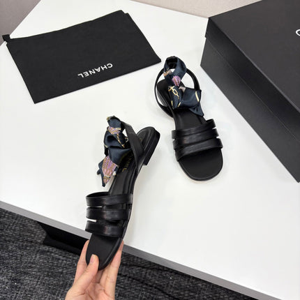 CC SANDAL 25S IN BLACK LAMBSKIN WITH SILK BOW