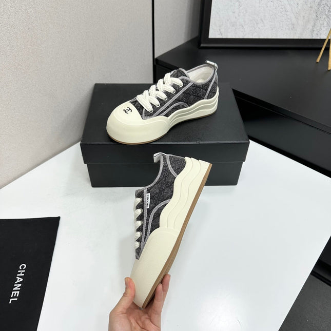 CHANEL 26S PLATFORM SNEAKERS IN GREY CHECKERED WOVEN DENIM FABRIC