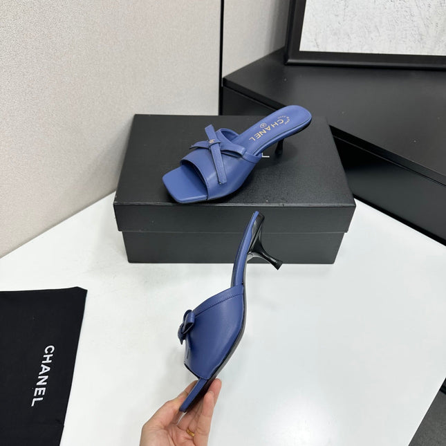 CHANEL 26S HIGH HEEL MULE SANDALS 50 MM IN BLUE LAMBSKIN WITH BOW DETAIL
