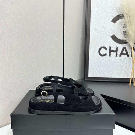 CHANEL 26S FLAT SANDALS IN BLACK SUEDE