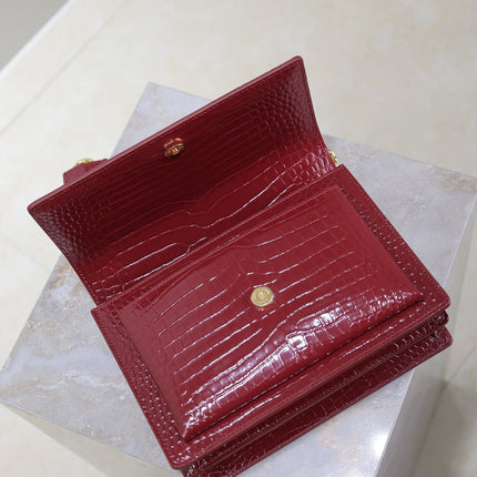 YSL 25S SUNSET MEDIUM 22 IN CRIMSON RED CROCODILE-EMBOSSED CALFSKIN GOLD HARDWARE