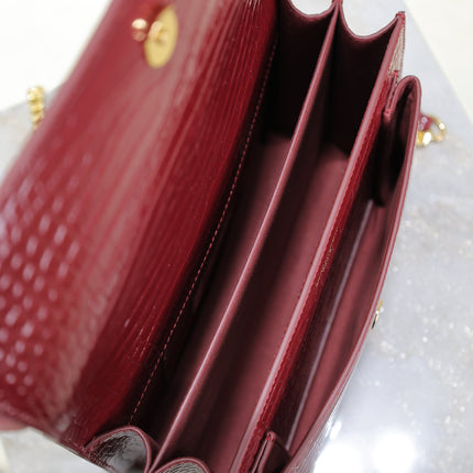 YSL 25S SUNSET MEDIUM 22 IN CRIMSON RED CROCODILE-EMBOSSED CALFSKIN GOLD HARDWARE