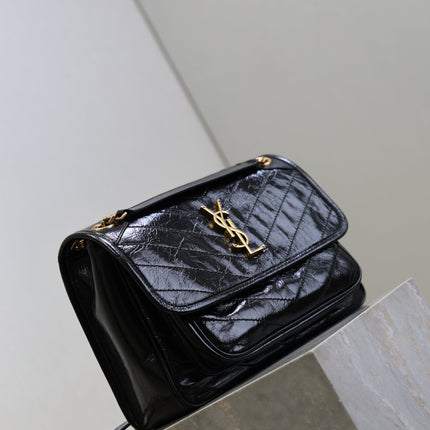 YSL 25S NIKI MM BAG 28 IN BLACK GLOSSY CALFSKIN GOLD HARDWARE
