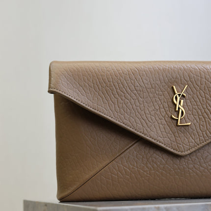 YSL 25S CASSANDRE LARGE ENVELOPE POUCH 29 IN DARK TAUPE CALFSKIN GOLD HARDWARE