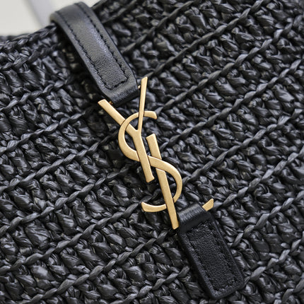 YSL 25S LE 5 À 7 SUPPLE SMALL 16 IN BLACK RAFFIA AND LEATHER GOLD HARDWARE