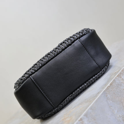 YSL 25S LE 5 À 7 SUPPLE SMALL 16 IN BLACK RAFFIA AND LEATHER GOLD HARDWARE