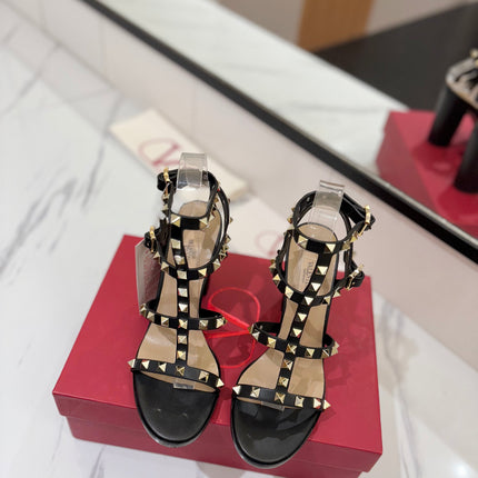 VALENTINO 26S STUDDED HIGH HEEL SANDALS 90 MM IN BLACK CALFSKIN