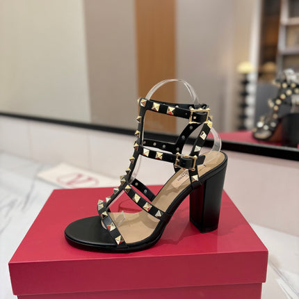 VALENTINO 26S STUDDED HIGH HEEL SANDALS 90 MM IN BLACK CALFSKIN