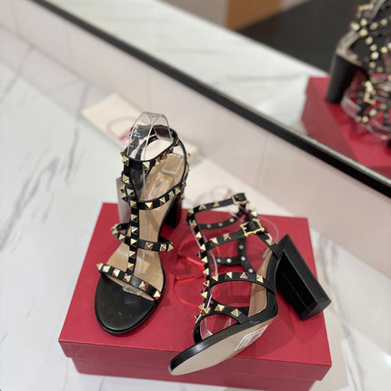 VALENTINO 26S STUDDED HIGH HEEL SANDALS 90 MM IN BLACK CALFSKIN