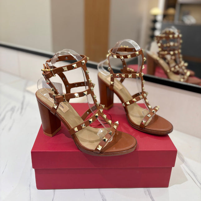 VALENTINO 26S STUDDED HIGH HEEL SANDALS 90 MM IN BROWN CALFSKIN