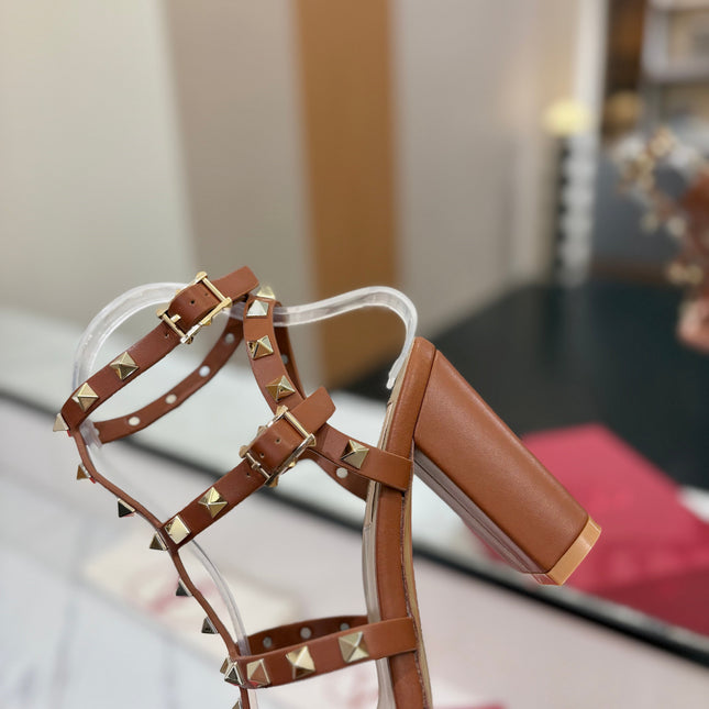 VALENTINO 26S STUDDED HIGH HEEL SANDALS 90 MM IN BROWN CALFSKIN