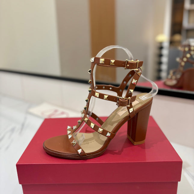 VALENTINO 26S STUDDED HIGH HEEL SANDALS 90 MM IN BROWN CALFSKIN