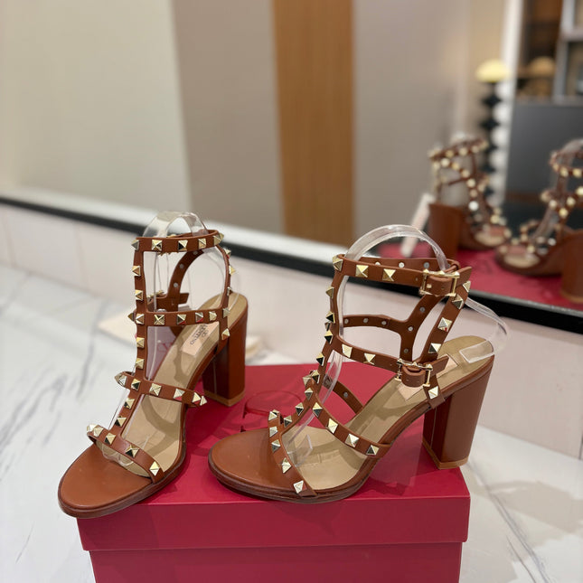 VALENTINO 26S STUDDED HIGH HEEL SANDALS 90 MM IN BROWN CALFSKIN