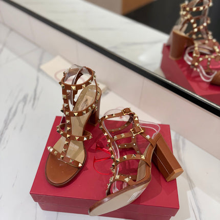 VALENTINO 26S STUDDED HIGH HEEL SANDALS 90 MM IN BROWN CALFSKIN