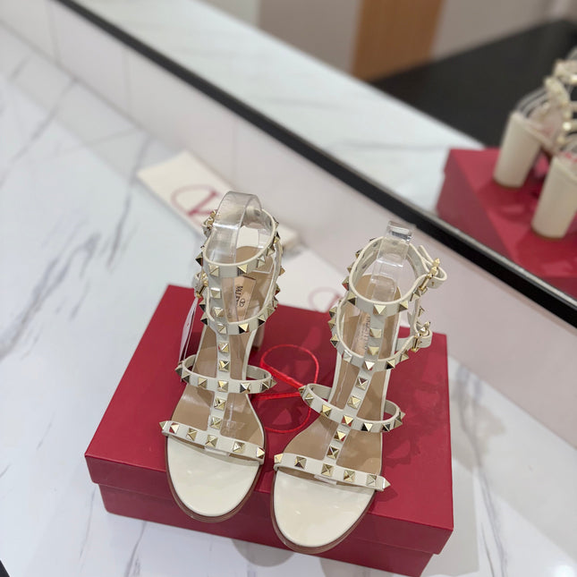 VALENTINO 26S STUDDED HIGH HEEL SANDALS 90 MM IN CREAM WHITE CALFSKIN