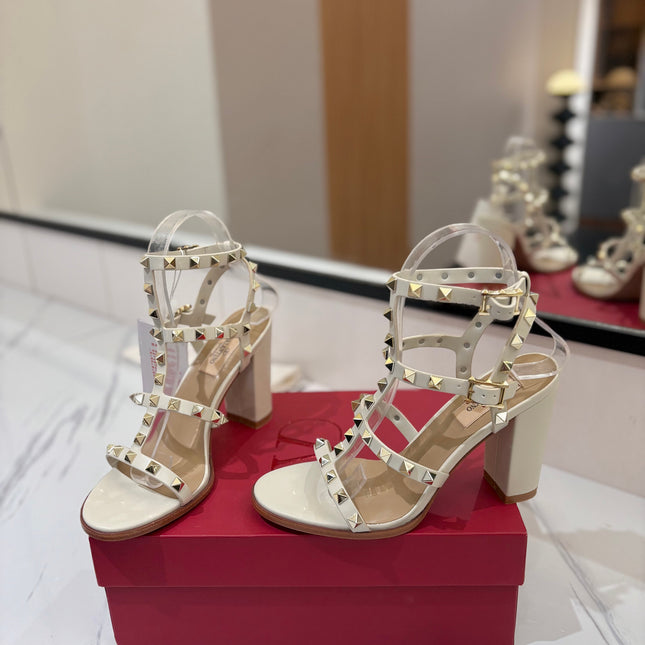 VALENTINO 26S STUDDED HIGH HEEL SANDALS 90 MM IN CREAM WHITE CALFSKIN