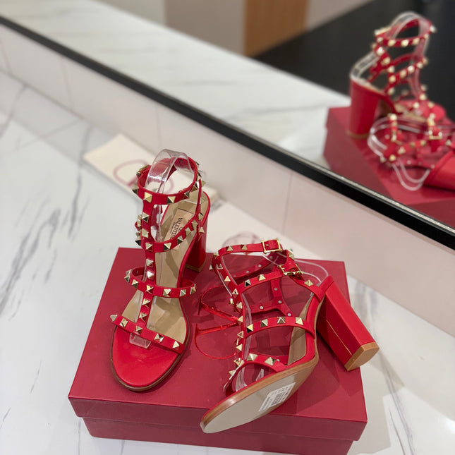 VALENTINO 26S STUDDED HIGH HEEL SANDALS 90 MM IN RED CALFSKIN