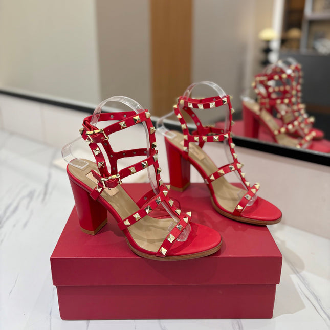 VALENTINO 26S STUDDED HIGH HEEL SANDALS 90 MM IN RED CALFSKIN