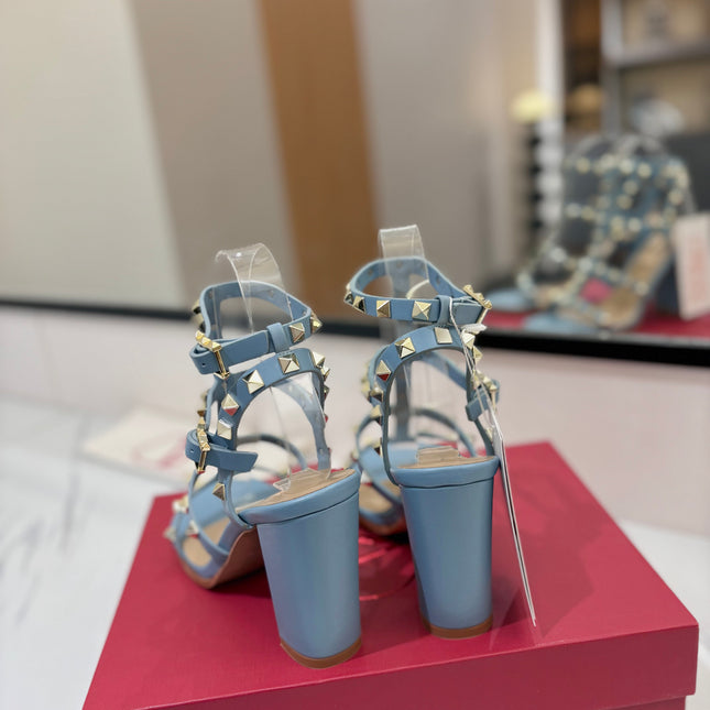 VALENTINO 26S STUDDED HIGH HEEL SANDALS 90 MM IN SKY BLUE CALFSKIN