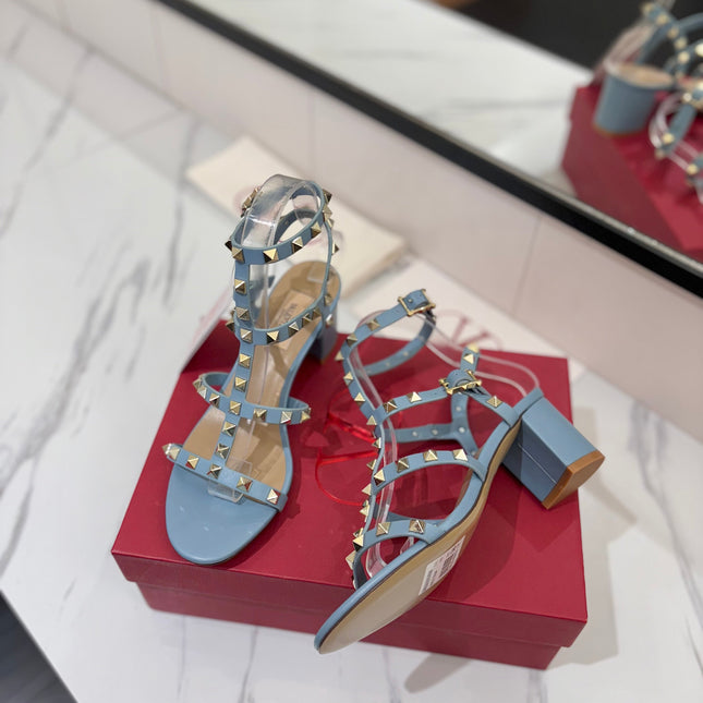 VALENTINO 26S STUDDED HIGH HEEL SANDALS 65 MM IN SKY BLUE CALFSKIN