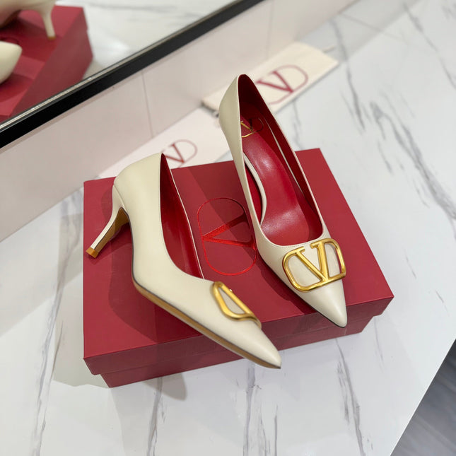 VALENTINO 26S HIGH HEELS 75 MM IN CREAM WHITE SMOOTH CALFSKIN WITH GOLD HARDWARE