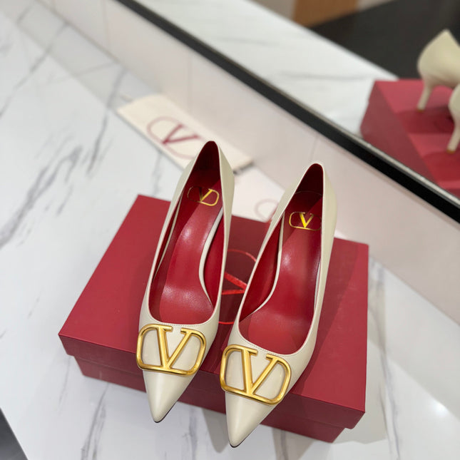 VALENTINO 26S HIGH HEELS 75 MM IN CREAM WHITE SMOOTH CALFSKIN WITH GOLD HARDWARE