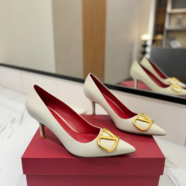 VALENTINO 26S HIGH HEELS 75 MM IN CREAM WHITE SMOOTH CALFSKIN WITH GOLD HARDWARE