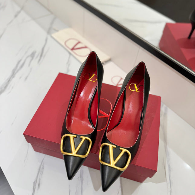 VALENTINO 26S HIGH HEELS 75 MM IN BLACK SMOOTH CALFSKIN WITH GOLD HARDWARE