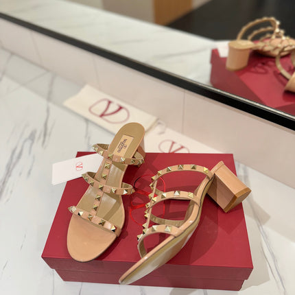 VALENTINO 26S HEELED SANDALS 60 MM IN BEIGE PINK CALFSKIN WITH GOLD STUDS