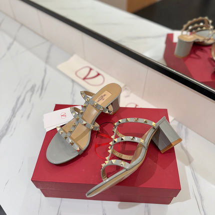 VALENTINO 26S HEELED SANDALS 60 MM IN LIGHT GREY CALFSKIN WITH GOLD STUDS