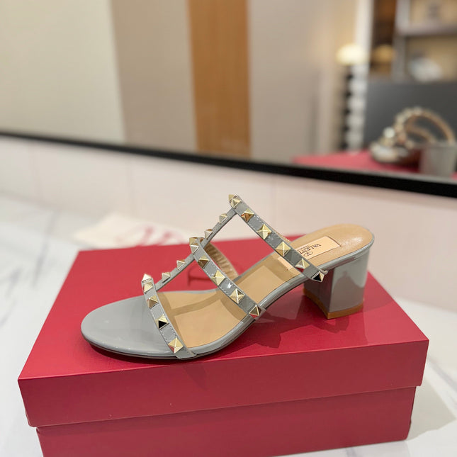 VALENTINO 26S HEELED SANDALS 60 MM IN LIGHT GREY CALFSKIN WITH GOLD STUDS