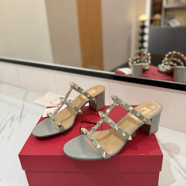 VALENTINO 26S HEELED SANDALS 60 MM IN LIGHT GREY CALFSKIN WITH GOLD STUDS