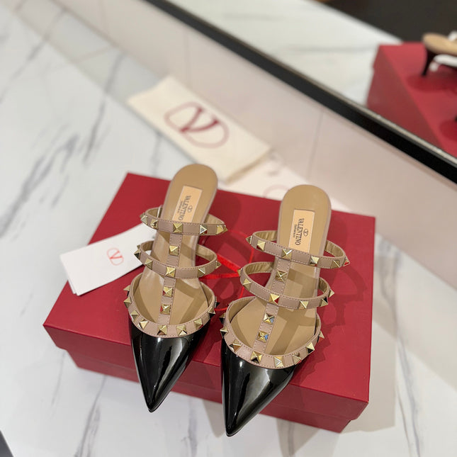 VALENTINO 26S STUDDED HEELED MULES 50 MM IN BLACK PATENT CALFSKIN