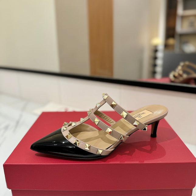 VALENTINO 26S STUDDED HEELED MULES 50 MM IN BLACK PATENT CALFSKIN