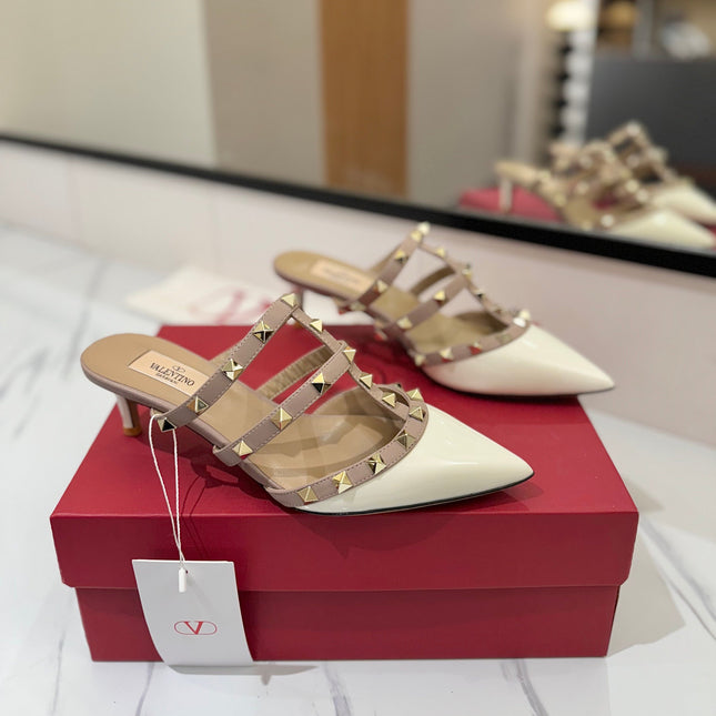 VALENTINO 26S STUDDED HEELED MULES 50 MM IN WHITE PATENT CALFSKIN