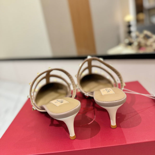 VALENTINO 26S STUDDED HEELED MULES 50 MM IN WHITE PATENT CALFSKIN