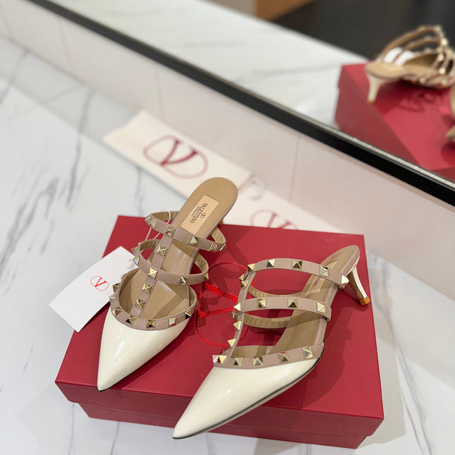 VALENTINO 26S STUDDED HEELED MULES 50 MM IN WHITE PATENT CALFSKIN