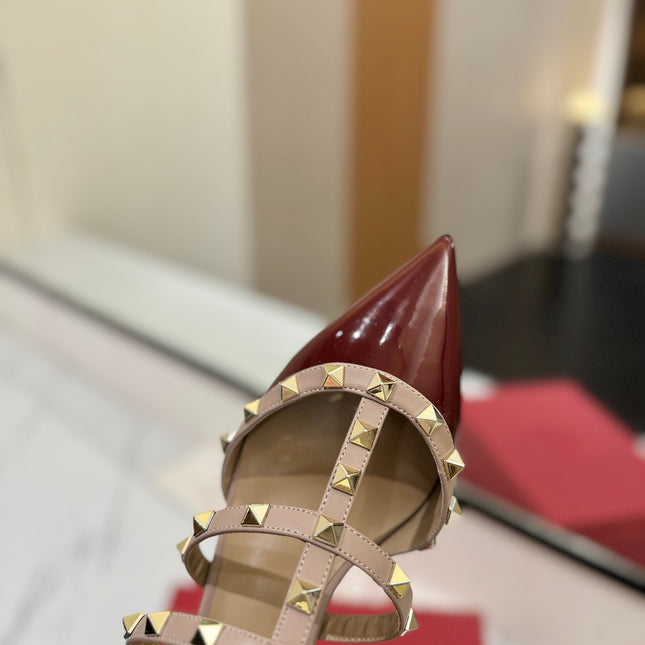 VALENTINO 26S STUDDED HEELED MULES 50 MM IN DARK RED PATENT CALFSKIN