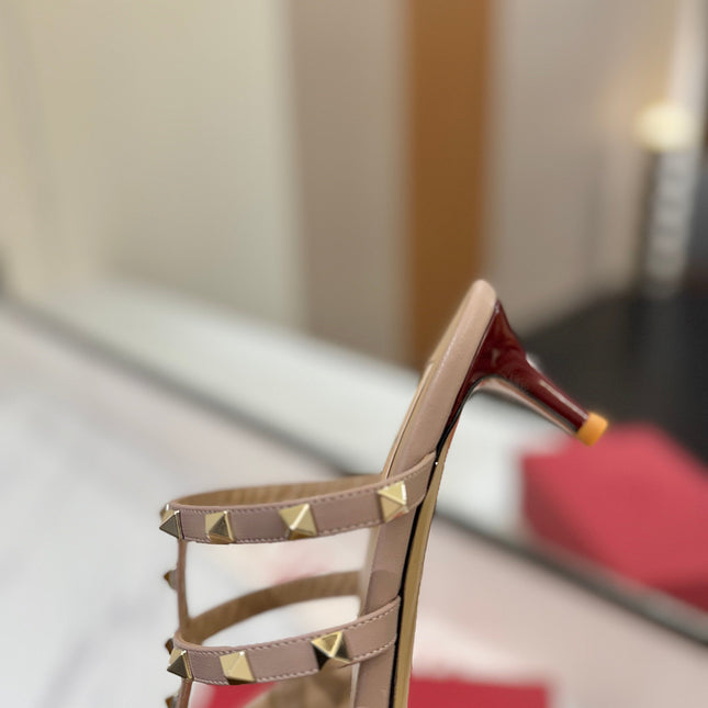 VALENTINO 26S STUDDED HEELED MULES 50 MM IN DARK RED PATENT CALFSKIN