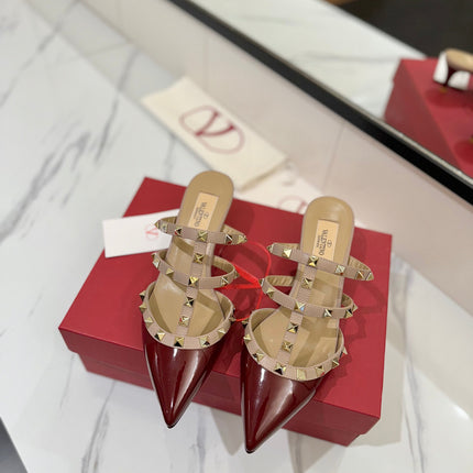 VALENTINO 26S STUDDED HEELED MULES 50 MM IN DARK RED PATENT CALFSKIN