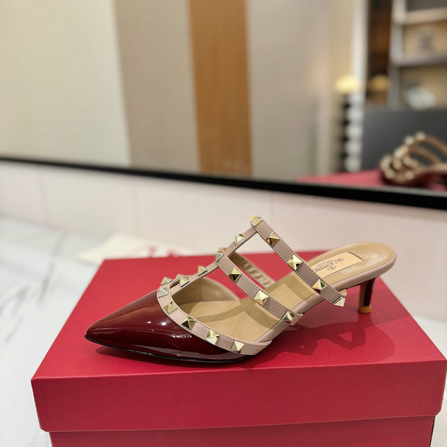 VALENTINO 26S STUDDED HEELED MULES 50 MM IN DARK RED PATENT CALFSKIN