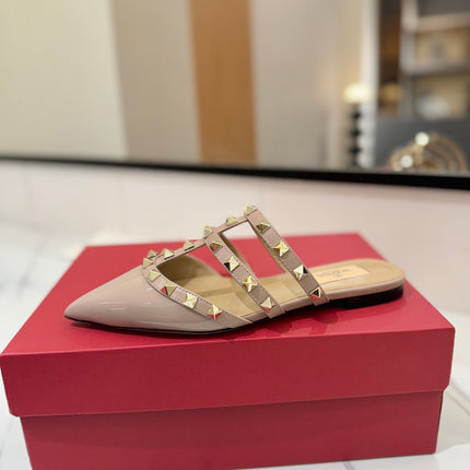 VALENTINO 26S STUDDED FLAT MULES IN NUDE PATENT CALFSKIN